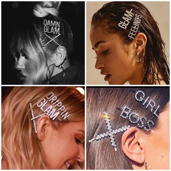 ⭐️ 18k Gold “Boss” Rhinestone Crystal Hair Pins Letter Barrettes Jewelry - Picture 3 of 3